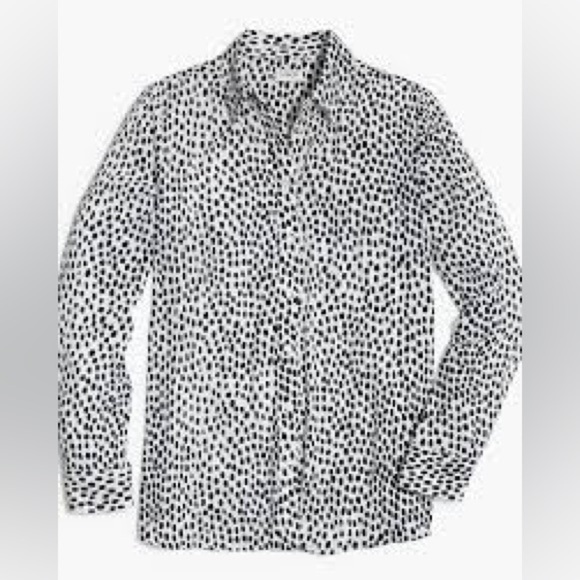 J. Crew Factory Button Up Long sleeved Black Polka Dot Blue on White Blouse XXS - Picture 2 of 8